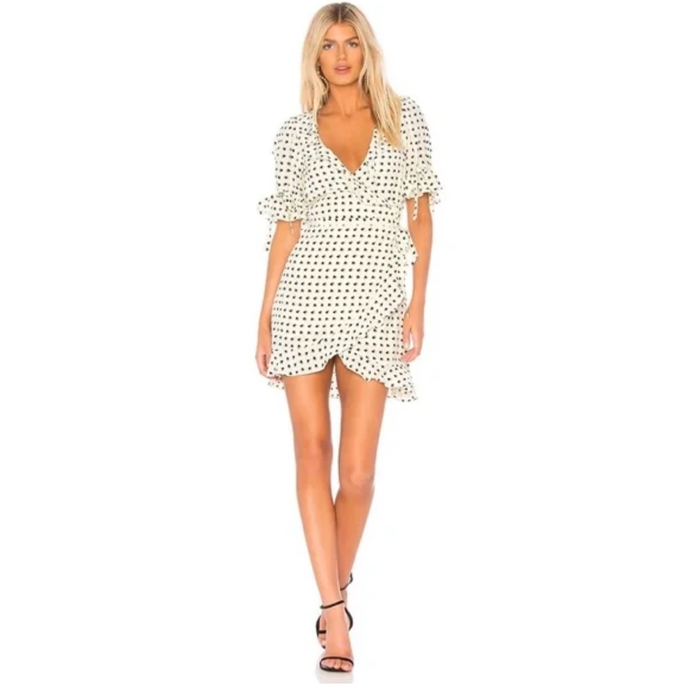 For Love & Lemons Sweethart Wrap Mini Dress Cream with Black Heart Print